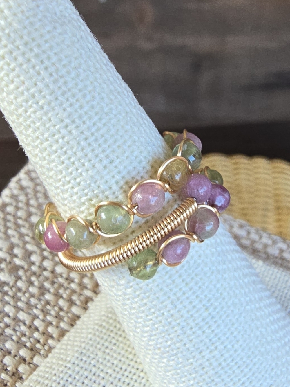 NWOT Set Of 2 Stacked Wire-Wrapped Watermelon Tourmaline Beaded Ring